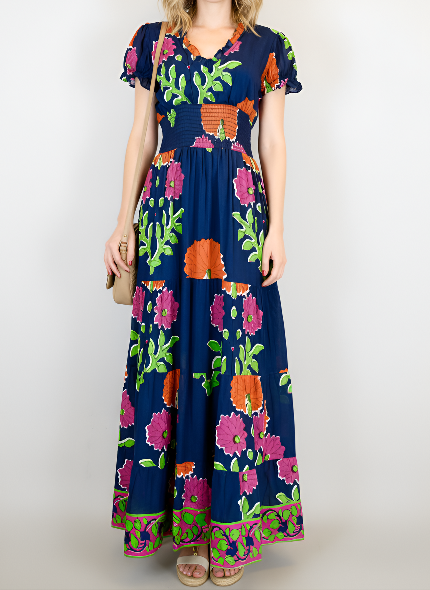 Beaufort Shortsleeve Maxi Dress - Mughal Carnation in Navy, Pink, Orange