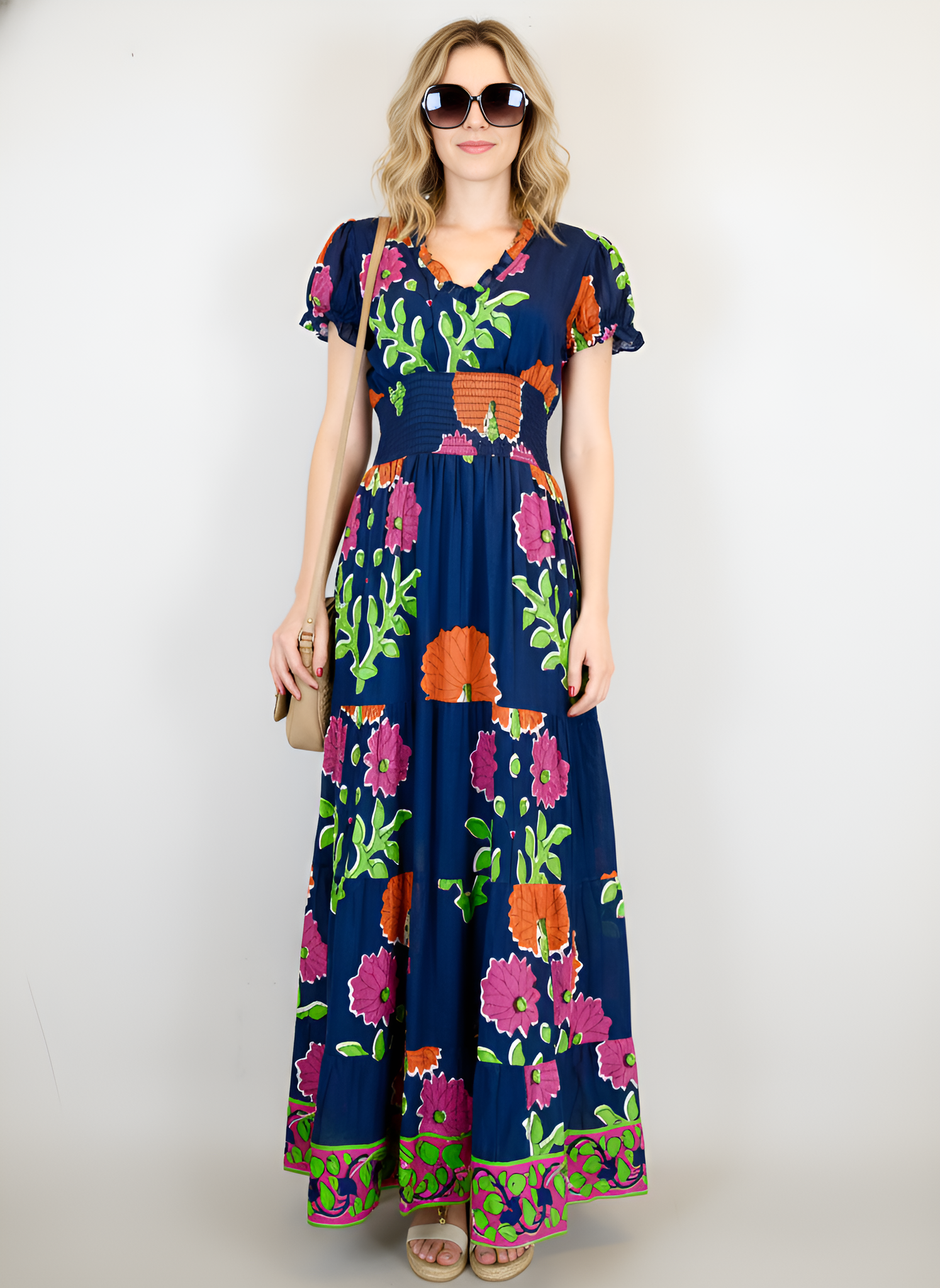 Beaufort Shortsleeve Maxi Dress - Mughal Carnation in Navy, Pink, Orange