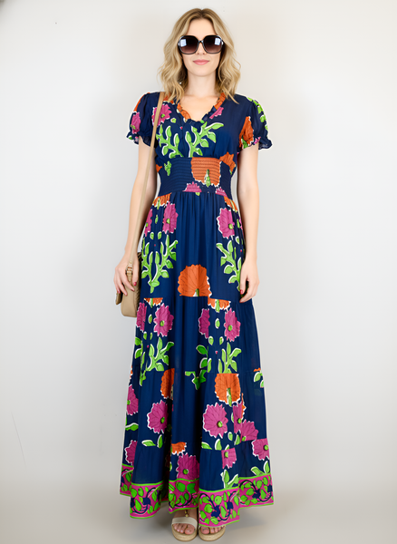 Beaufort Shortsleeve Maxi Dress - Mughal Carnation in Navy, Pink, Orange