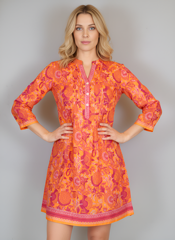 Maye 3/4 Sleeve Dress- Floral Block- Orange/Pink