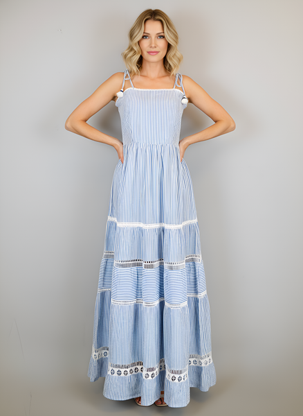 Beaufort Strappy Maxi Dress - Seersucker Blue and White
