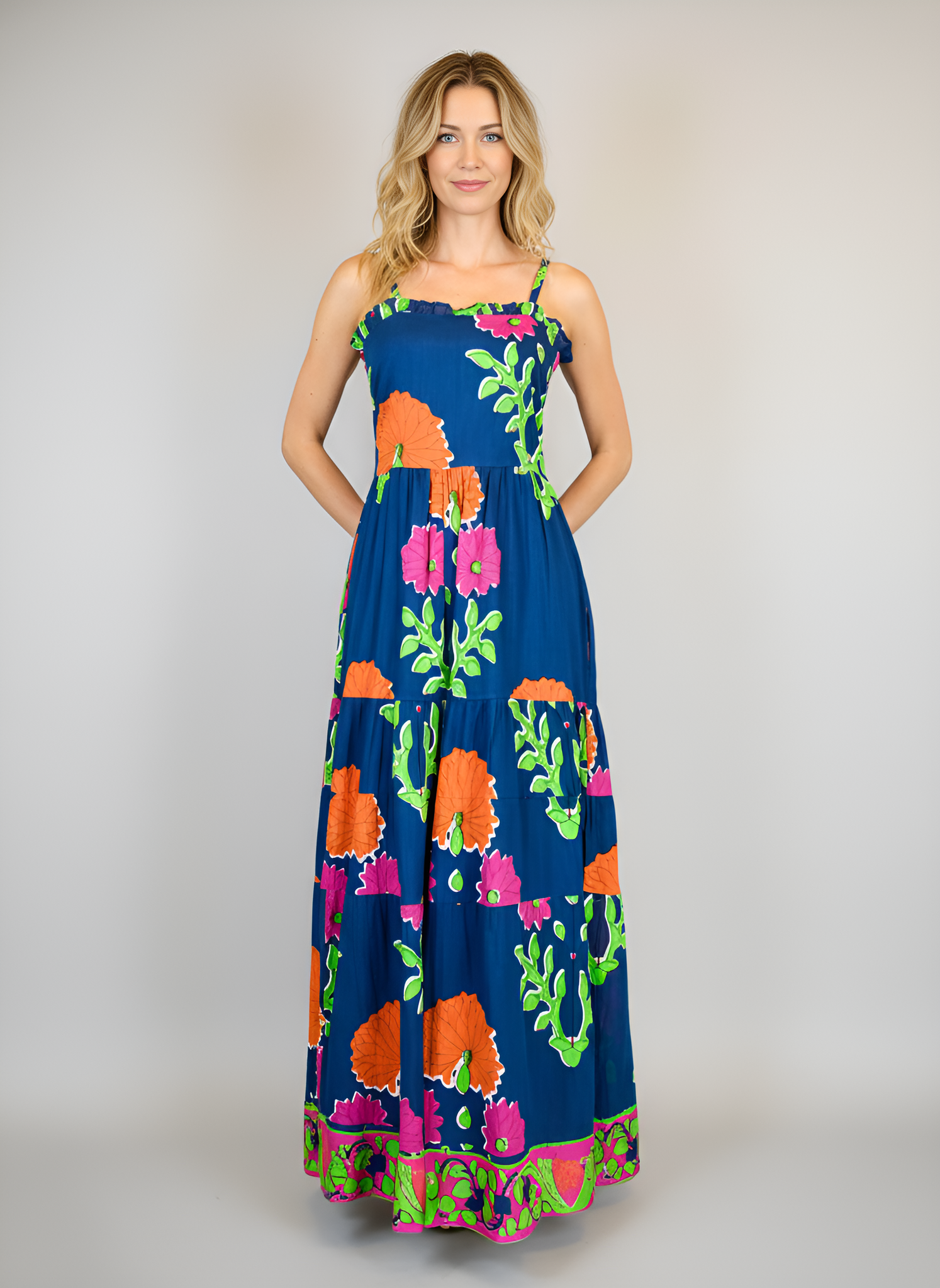 Beaufort Strappy Maxi Dress - Mughal Carnation in Navy, Pink and Orange