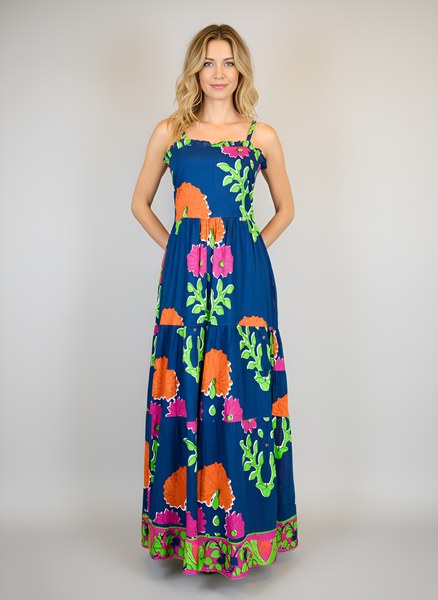 Beaufort Strappy Maxi Dress - Mughal Carnation in Navy, Pink and Orange
