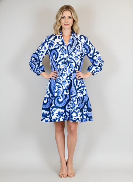 Alison Longsleeve Dress - Vintage Paisley White, Navy, Periwinkle Blues