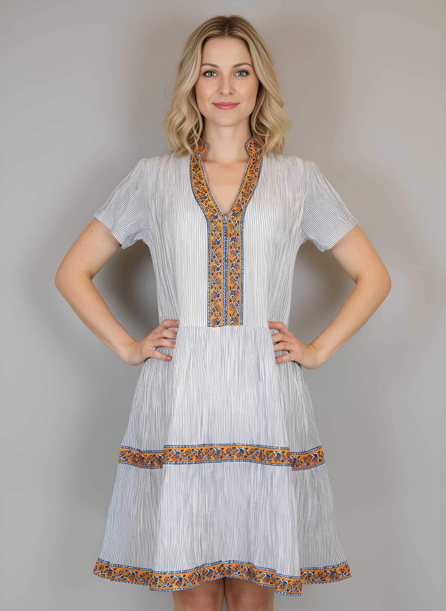 Alison Short Sleeve Crinkle- Stripes- White/Blue