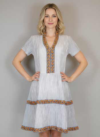 Alison Short Sleeve Crinkle- Stripes- White/Blue