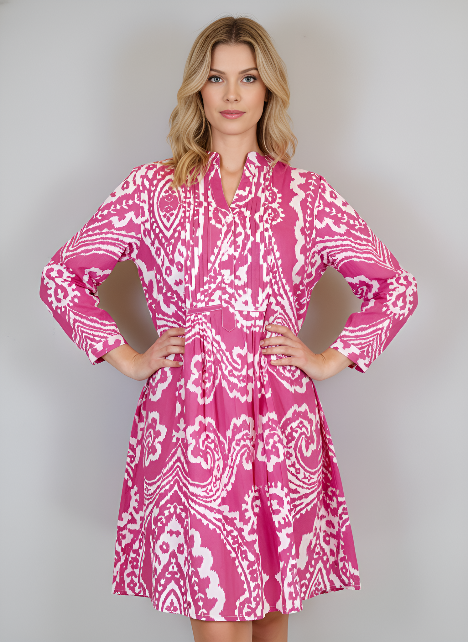Maye Dress - Oversized Ikat Hot Pink/White