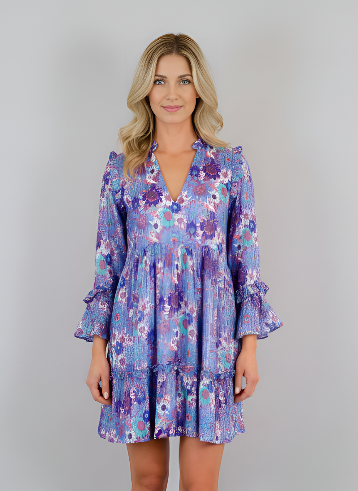 Claythorne Dress- Drawn Floral- Blues/Coral