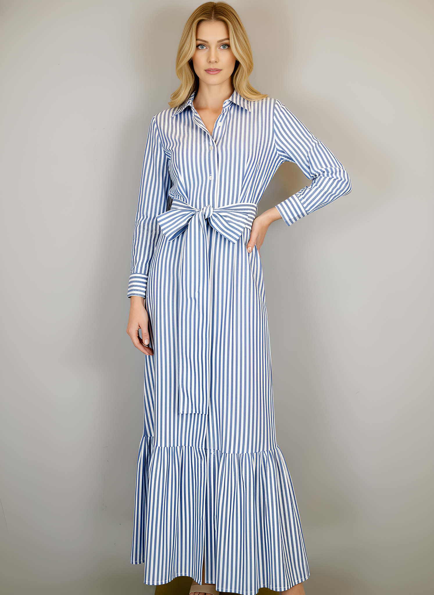 Ann Marie Maxi Dress- Shirting Stripes- White/Blue