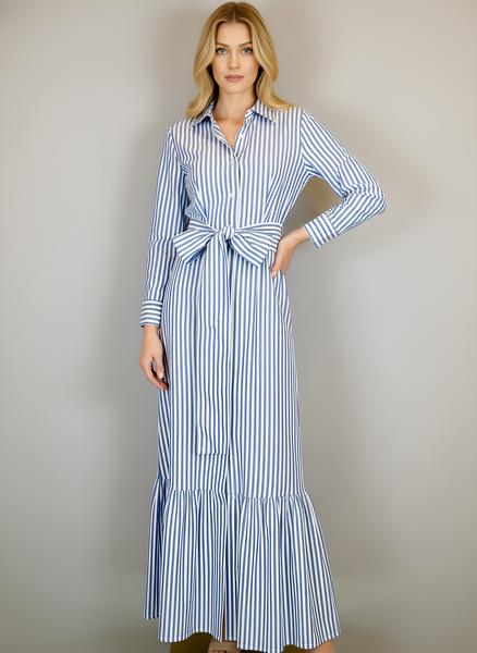 Ann Marie Maxi Dress- Shirting Stripes- White/Blue