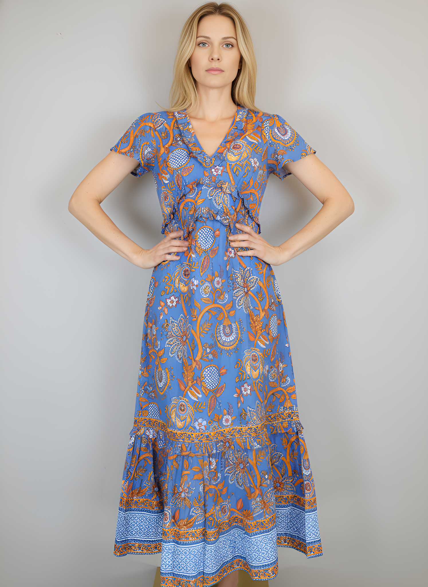 Mallory Maxi Dress - Floral Block Periwinkle and Zinnia