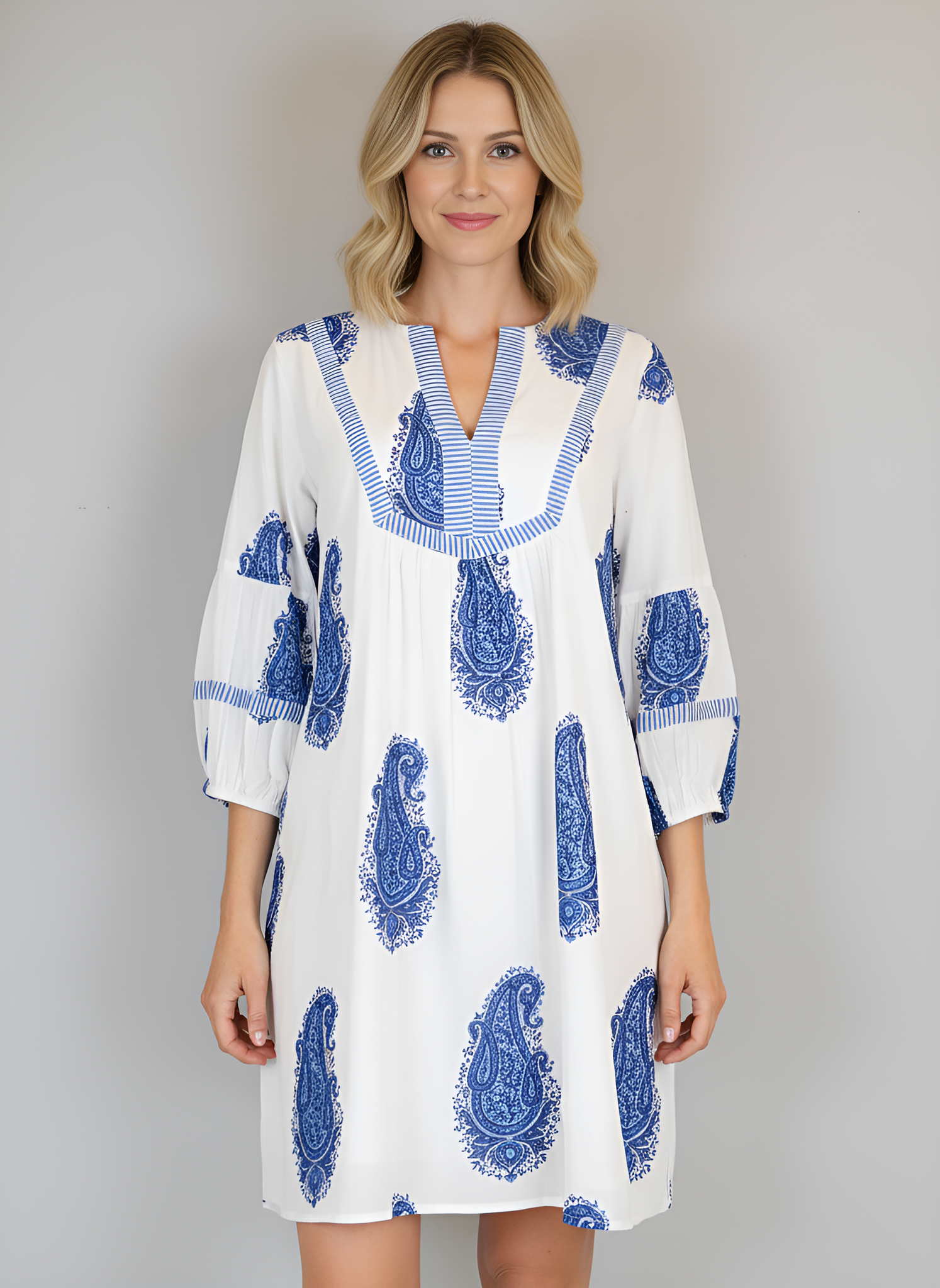 Jordan Dress- Large Paisley- White/Blue