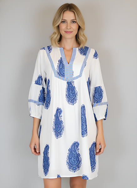 Jordan Dress- Large Paisley- White/Blue
