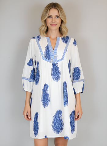 Jordan Dress- Large Paisley- White/Blue