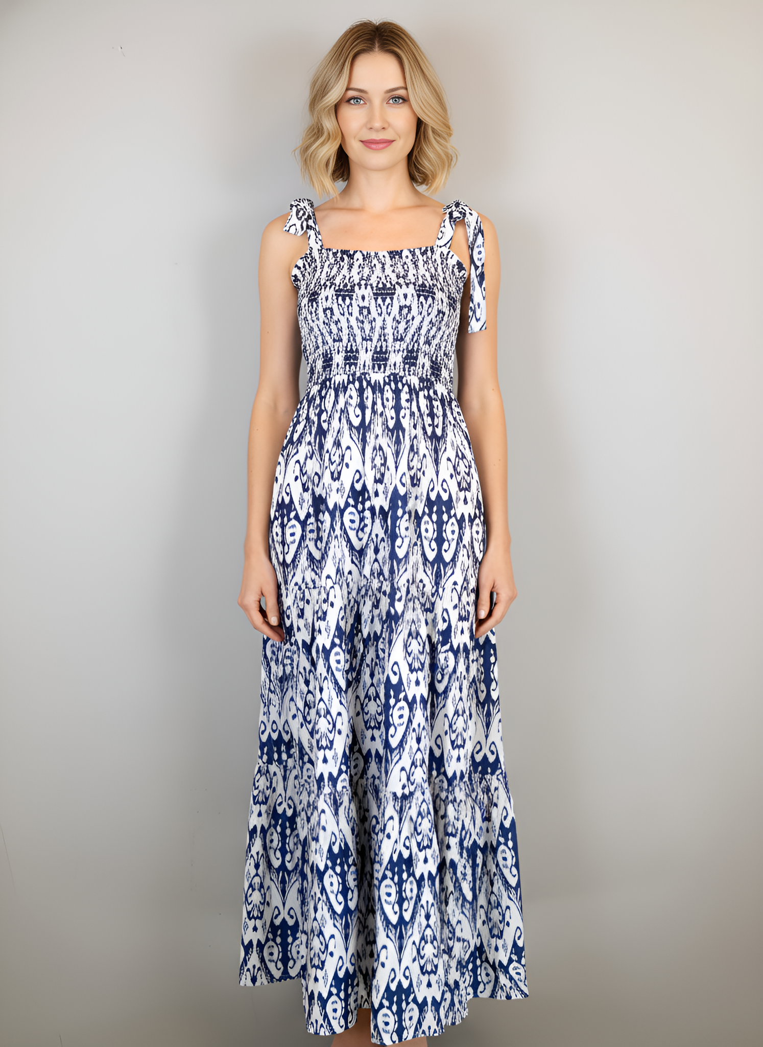 Beaufort Tie Top Maxi Dress - Ikat White, Navy Blue and Periwinkle