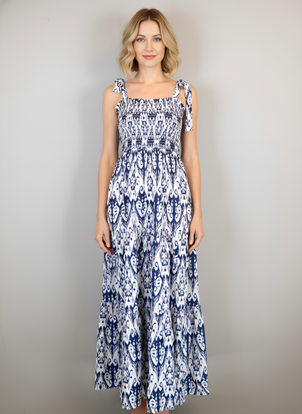 Beaufort Tie Top Maxi Dress - Ikat White, Navy Blue and Periwinkle