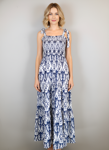 Beaufort Tie Top Maxi Dress - Ikat White, Navy Blue and Periwinkle