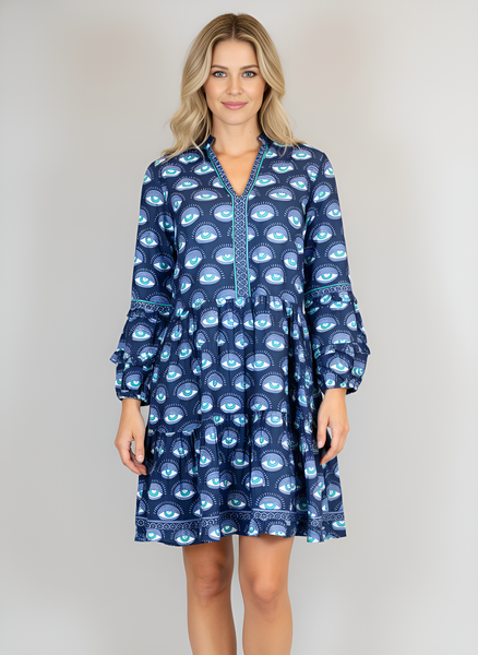 Alison Longsleeve Dress - Eye Print Navy, Blues