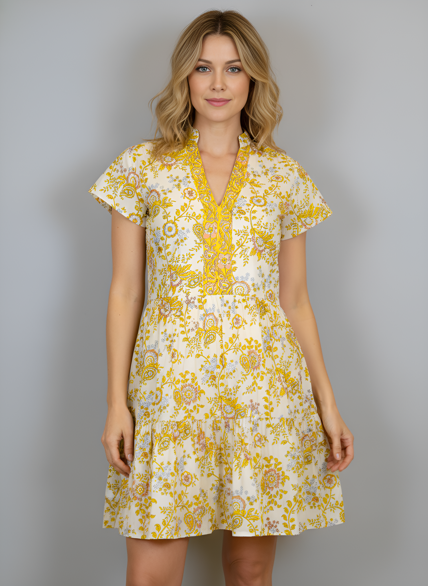 Alison Short Sleeve Dress- New Block- White/Yellow