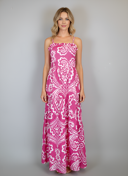 Beaufort Strappy Maxi Dress - Oversized Ikat in Hot Pink/White