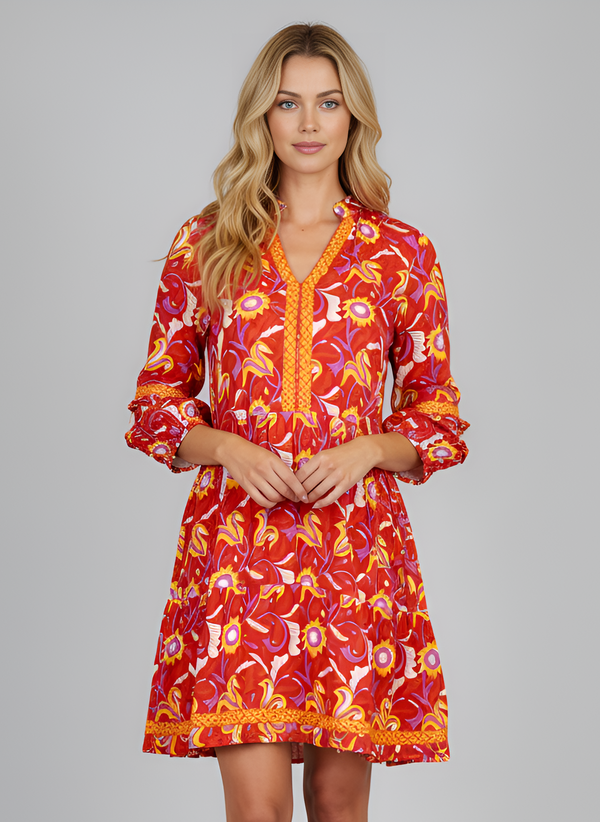 Alison Longsleeve Dress - Floral Block Orange, Yellow Multi