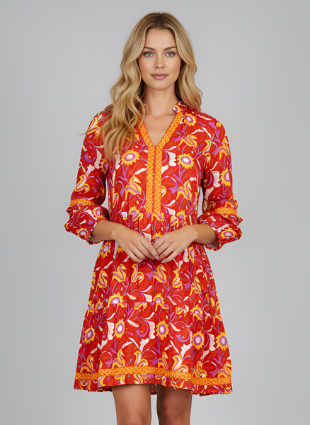 Alison Longsleeve Dress - Floral Block Orange, Yellow Multi