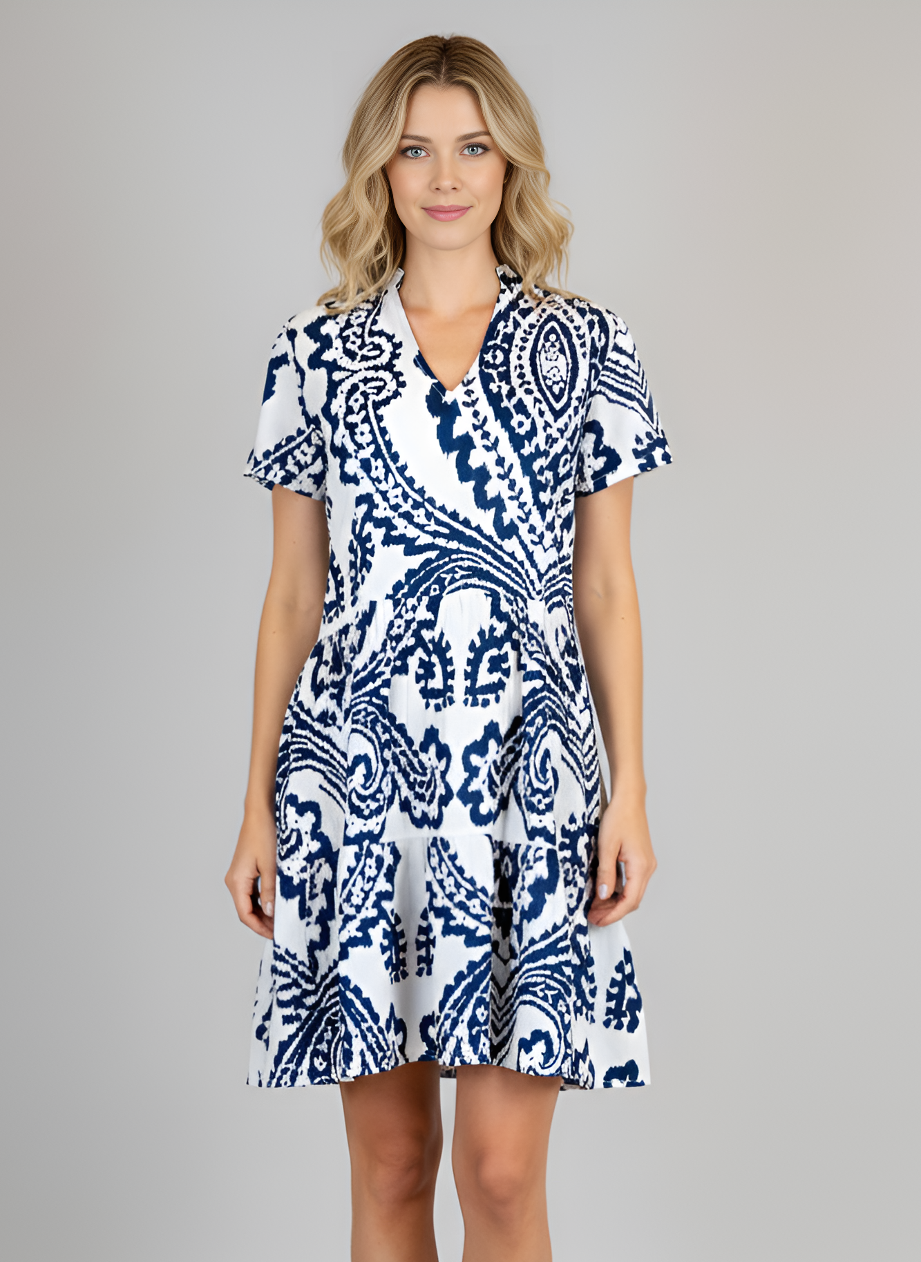 Alison Shortsleeve Dress - Oversized Ikat White and Navy