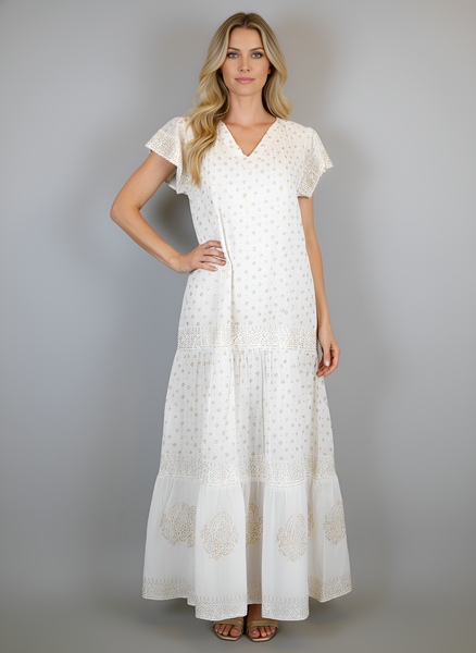 Bailey Maxi Dress - White with Gold Block Print
