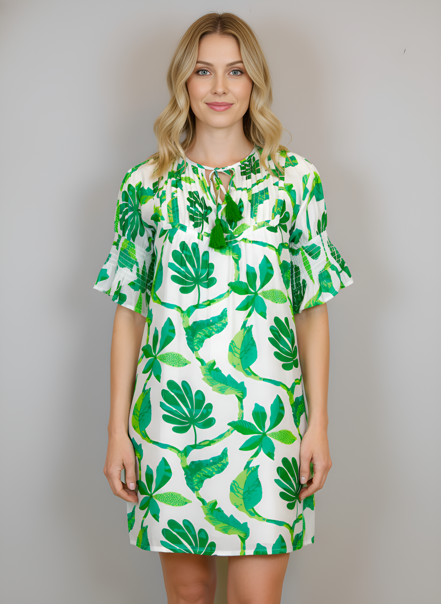 Celerie Dress- Jungle Vines- White/Turquoise/Green