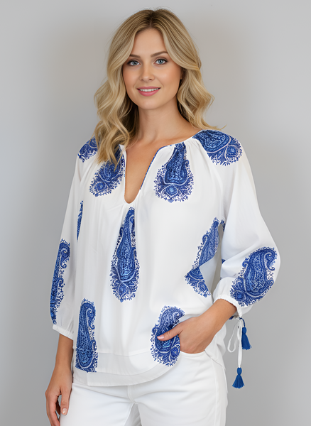 Cloud Tunic Top- Large Paisley- White/Blue