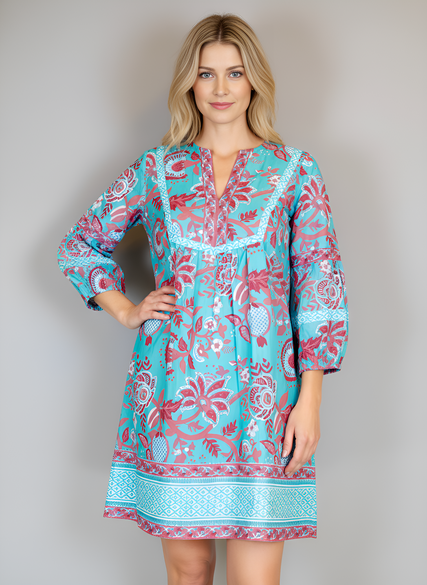 Jordan Dress- Floral Block- Turquoise Blue and Coral Pinks
