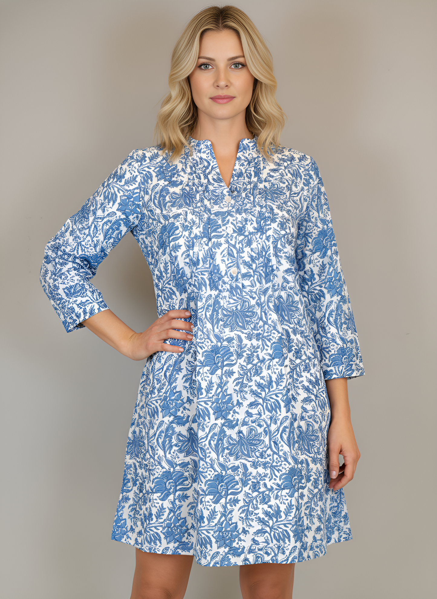 Maye Dress - Block Print White and Blue