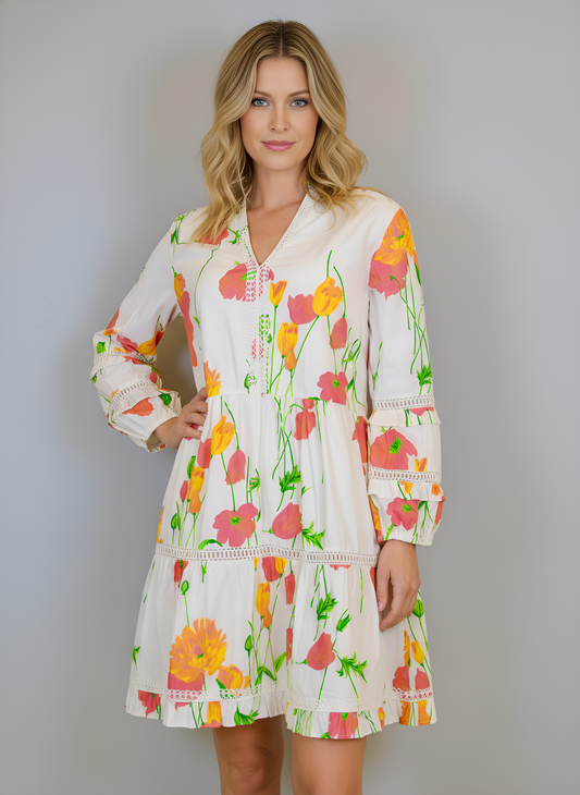 Alison Longsleeve Dress- Falling floral- White/Multi