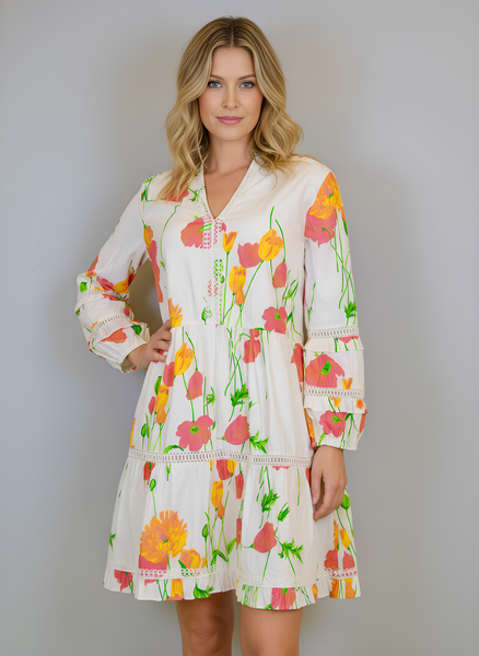 Alison Longsleeve Dress- Falling floral- White/Multi
