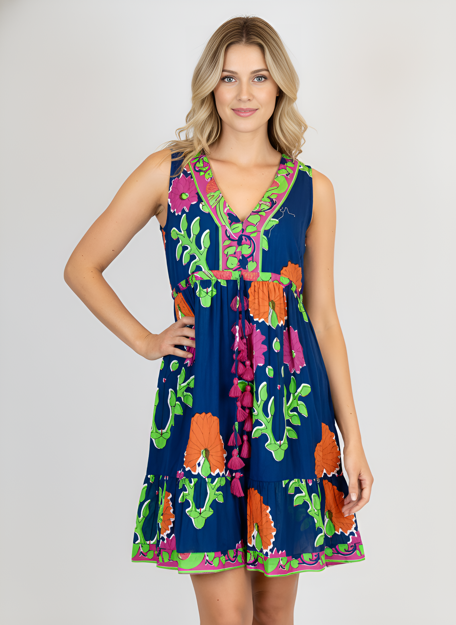 Emily Dress (Short) - Mughal Carnation in Navy, Pink and Orange