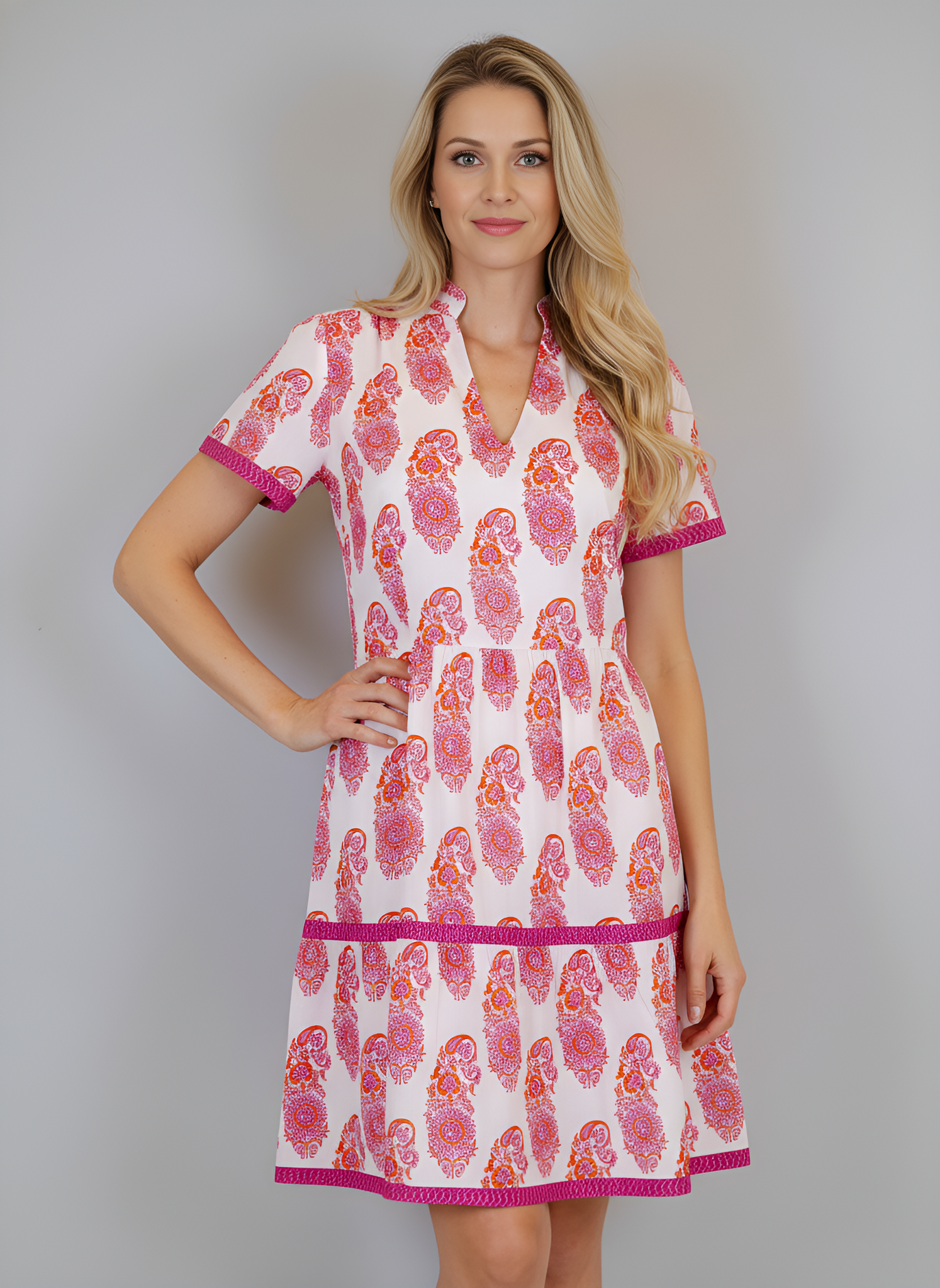 Alison Shortsleeve Dress - Floral Paisley in White, Pink and Orange
