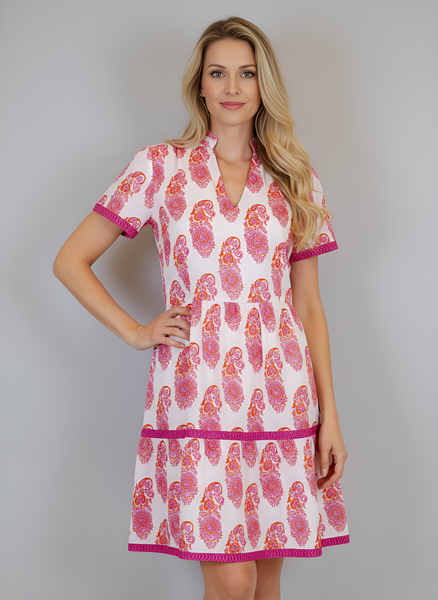 Alison Shortsleeve Dress - Floral Paisley in White, Pink and Orange