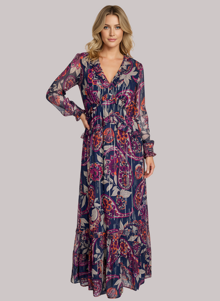 Mallory Maxi Dress Longsleeve - Paisley Navy Blue Multi