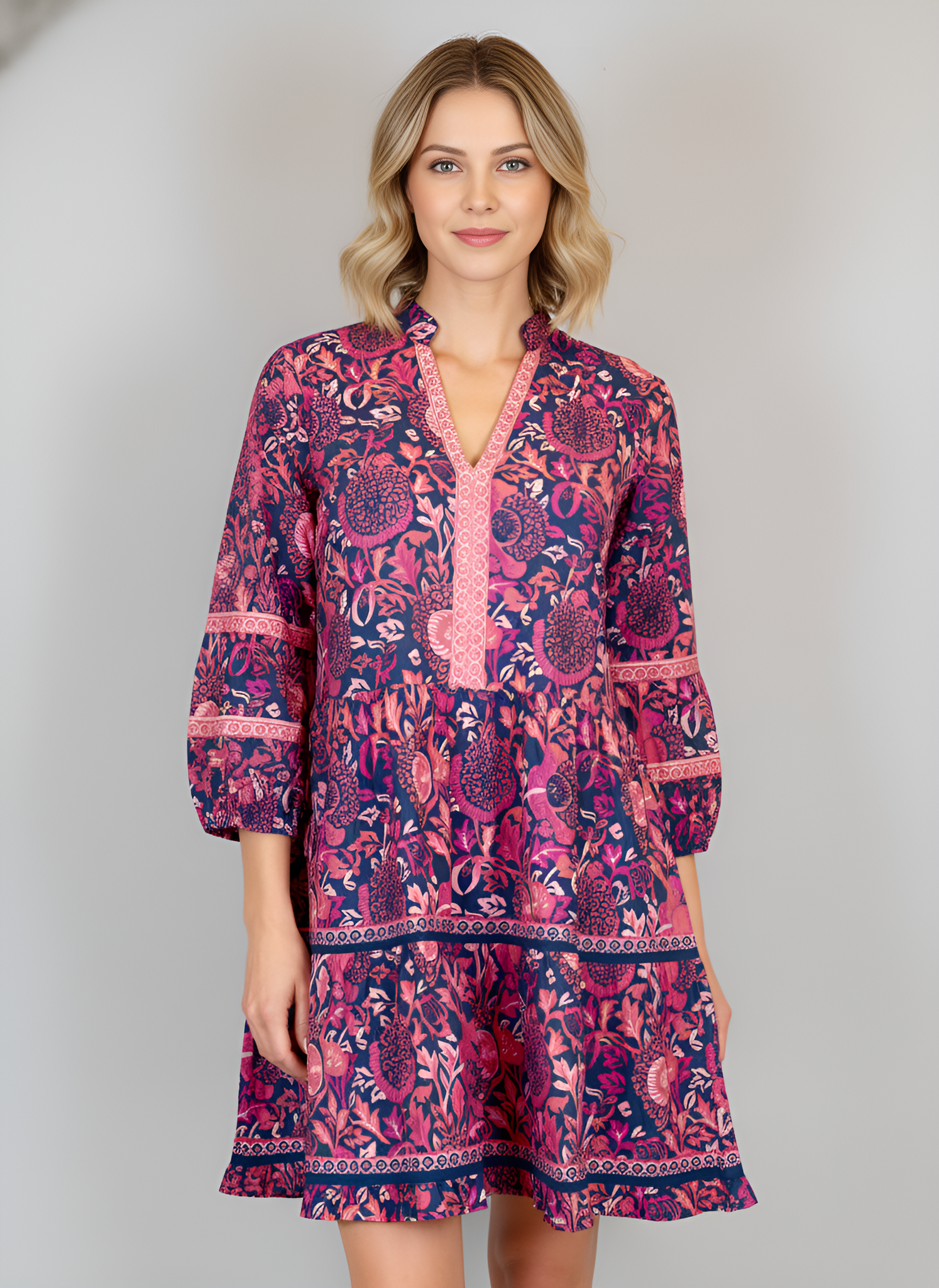 Alison Longsleeve Dress - Floral Block - Navy/Pinks