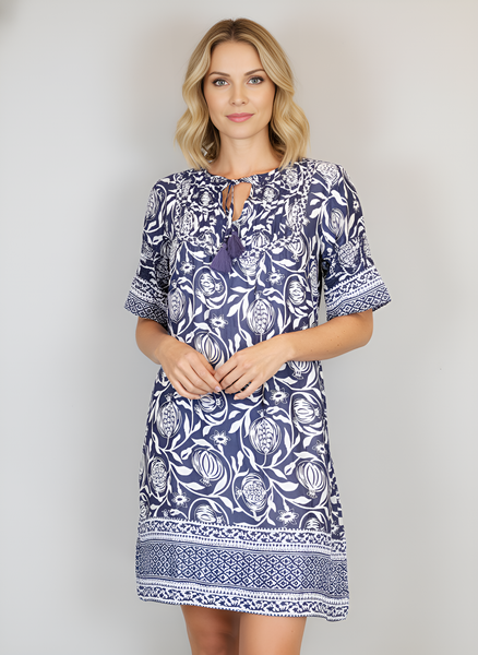 Celerie Dress - Pomegranate - Navy & White