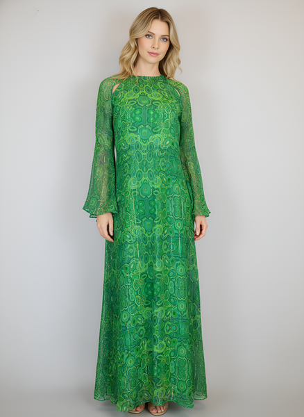 Flare Sleeve Maxi Dress - Malachite Green and Gold