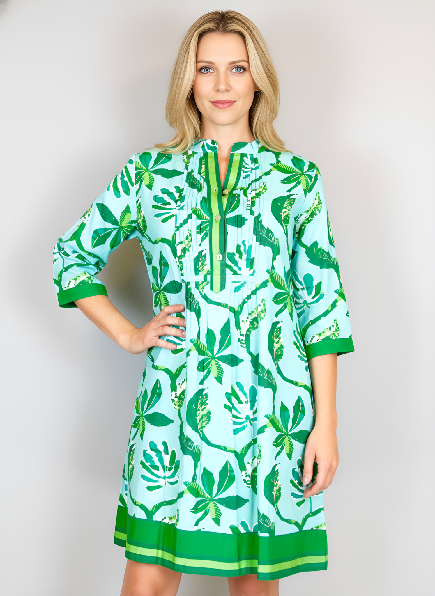 Maye Dress - Jungle Vines - Sky Blue & Greens