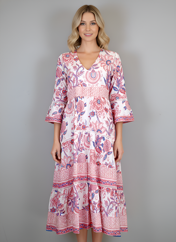 Water Mill Dress- Floral Block- White with Coral Pinks and Periwinkle