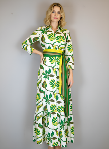 Ann Marie Maxi Dress - Jungle Vines - White, Green and Chartreuse
