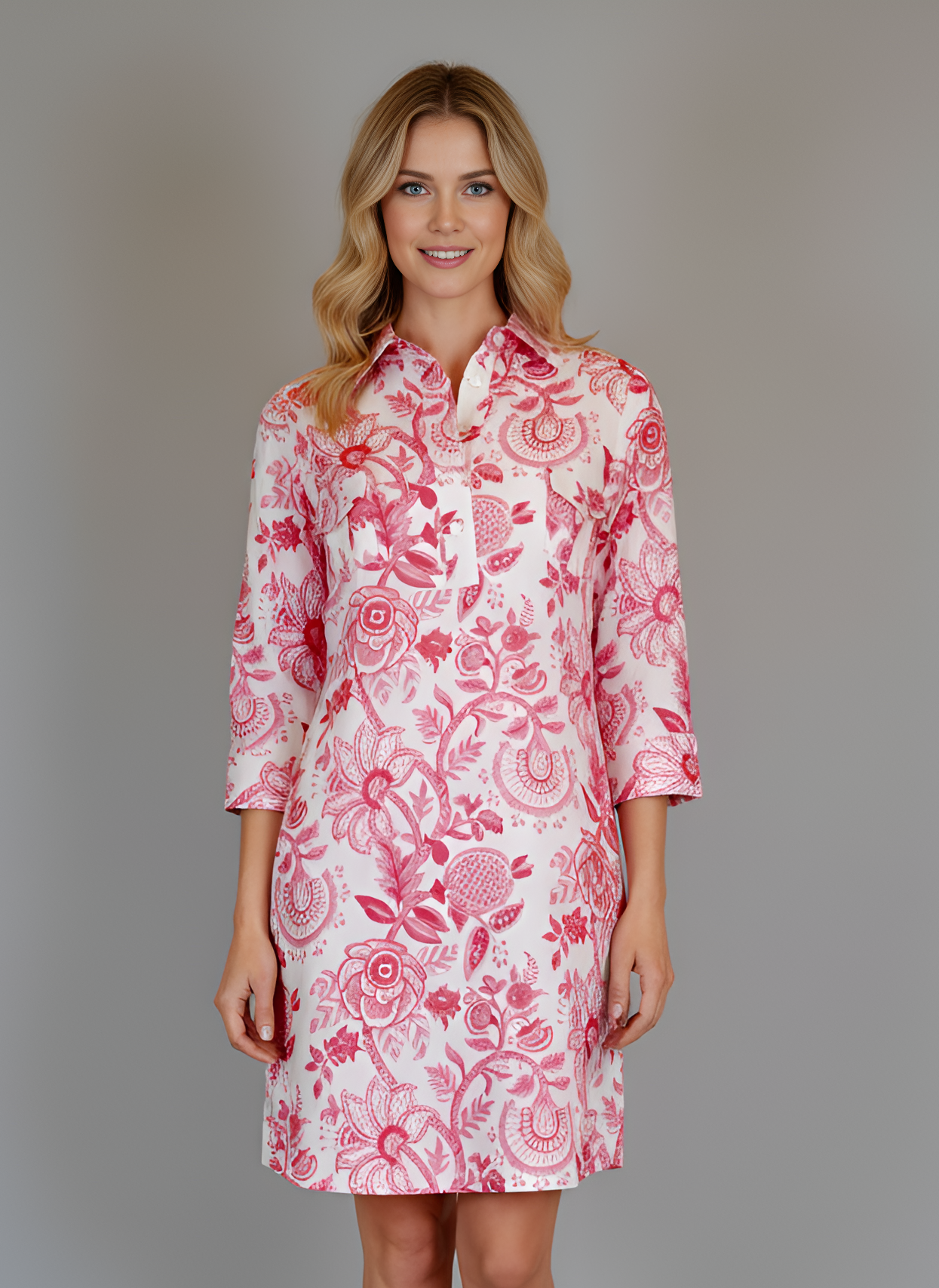 La Jolla Dress- Floral Block- White/Coral