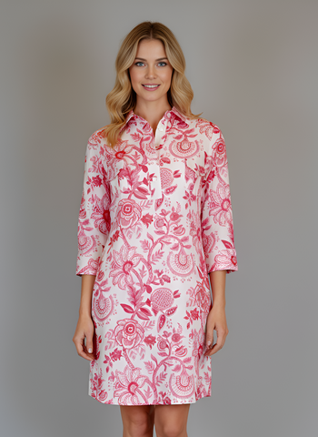 La Jolla Dress- Floral Block- White/Coral