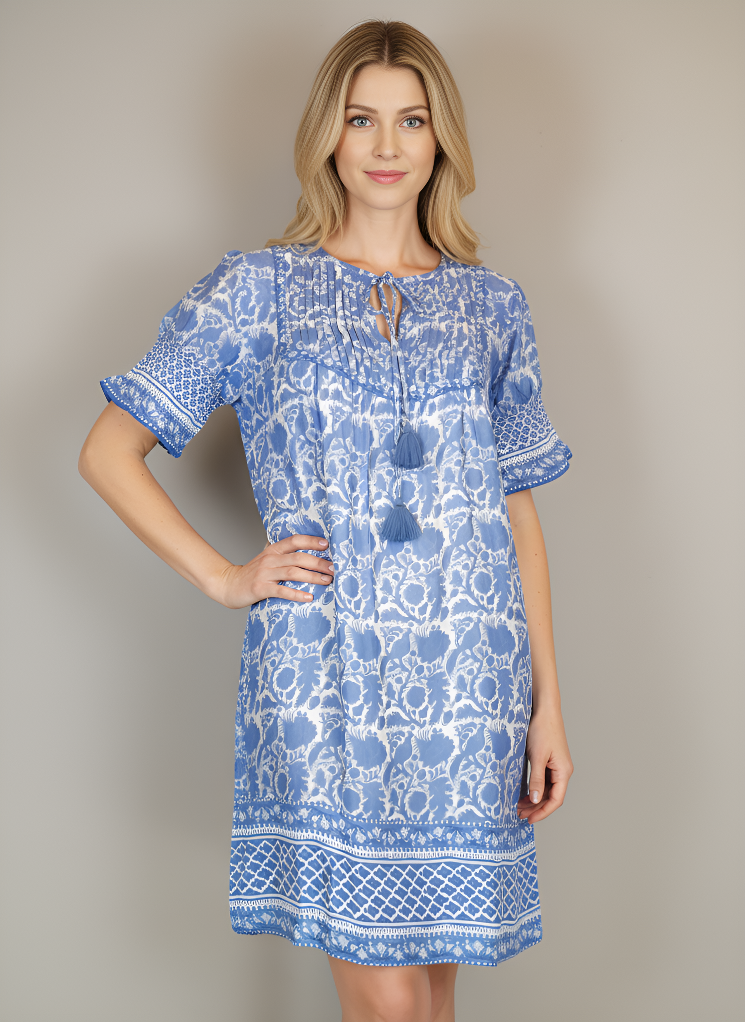 Celerie Dress- Bird Block- Blue/ White