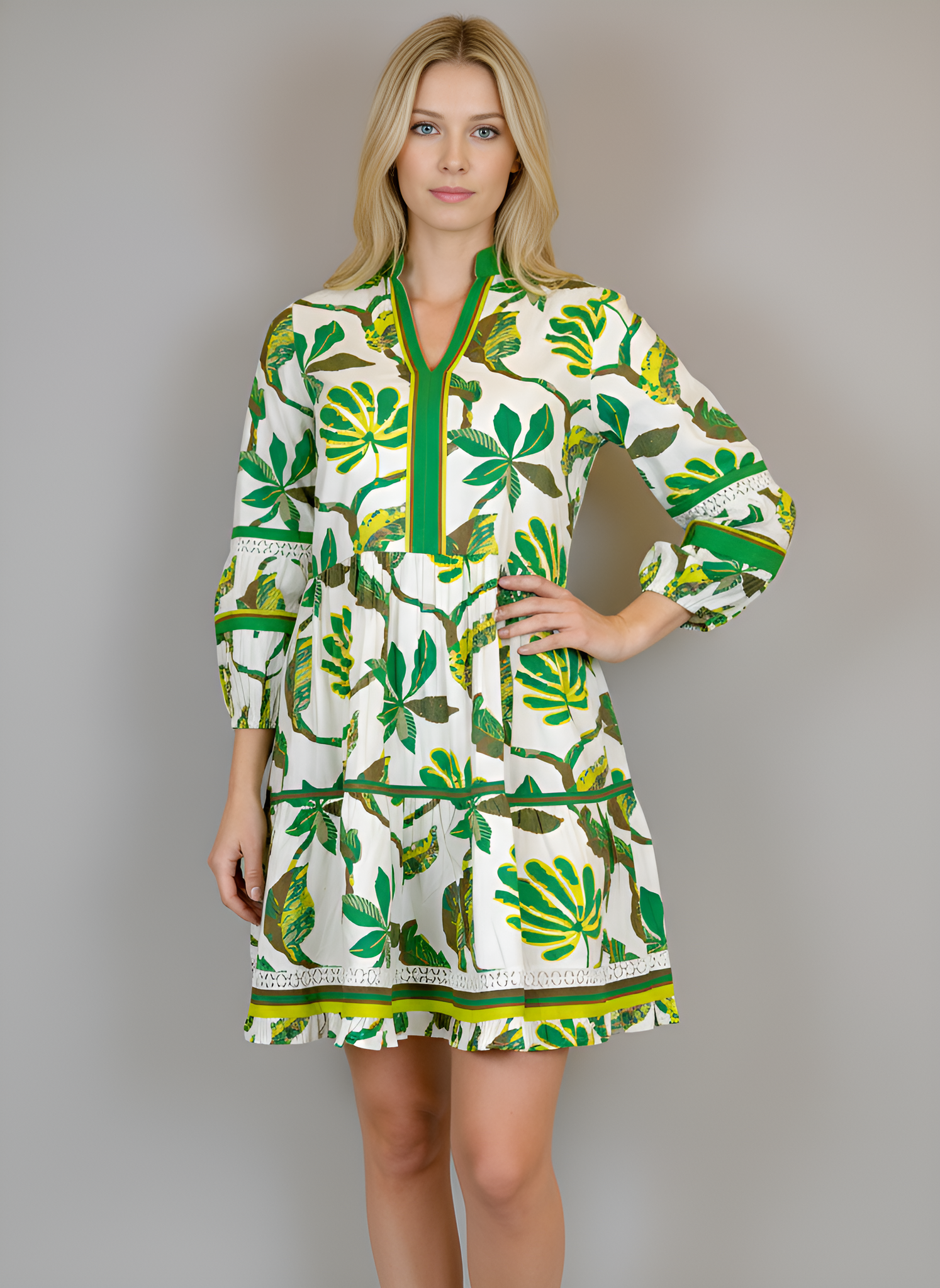 Alison Longsleeve Dress - Jungle Vines - White/Green