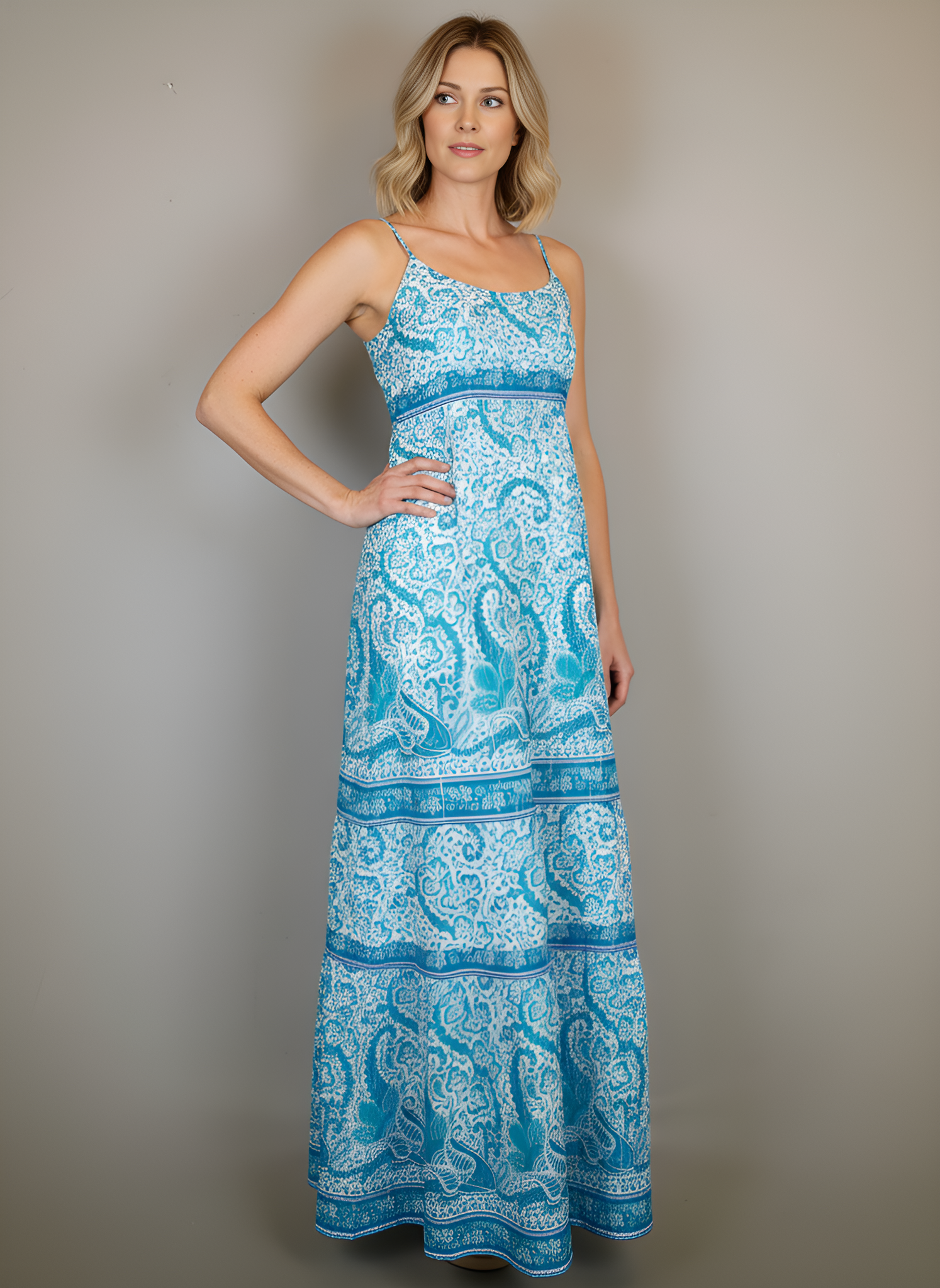 Palmetto Maxi Dress- Effiervescent Paisley- White/Capri  Turquoise