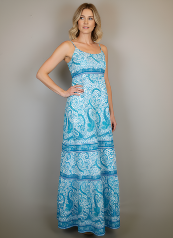 Palmetto Maxi Dress- Effiervescent Paisley- White/Capri  Turquoise